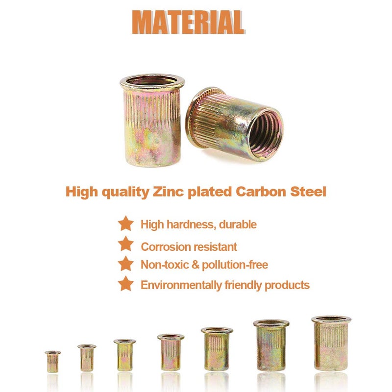 Keadic 220Pcs Metric Zinc Plated Carbon Steel Rivet Nut Flat Head Threaded Insert Nutsert Assortment Kit - 7 Sizesï¼šM3 M4 M5 M6 M8 M10 M12 - Image 5